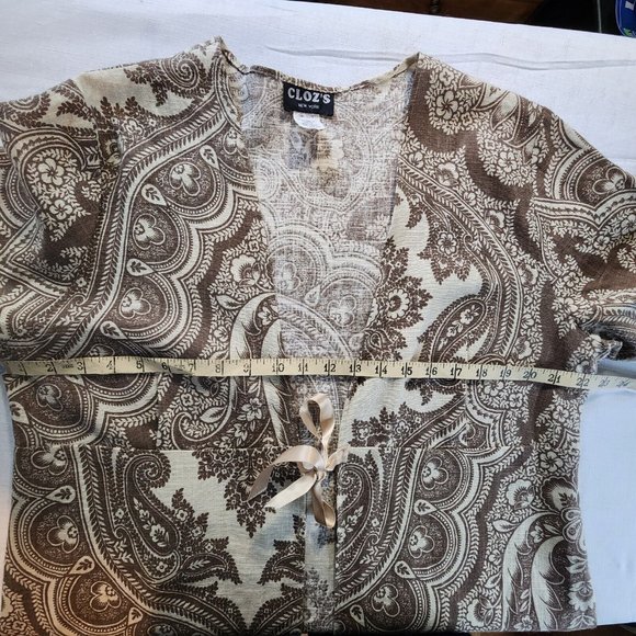 Cloz's NY Vintage Cotton Tan Paisley Floral Tie Front Women's Large Cardigan - Picture 5 of 9
